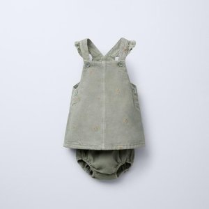 EMBROIDERED FLORAL TWILL PINAFORE DRESS